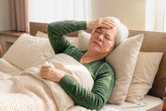 Sick elderly Asian woman suffering from headache, flu and fever lying in bed at home