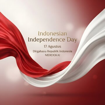 Indonesian independence day celebration banner with red and white fabric wave design