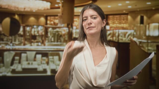 Woman holding paper blows a kiss toward camera in a jewelry store inside an upscale building while smiling and gesturing; playful charm.