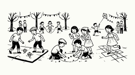 Children playing outdoor games: spinning tops, marbles, hopscotch, kite flying, jump rope © illustration