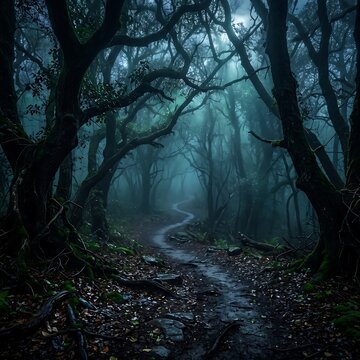 Winding mysterious dirt trail through dark foggy forest under moonlight with mossy ancient tree base.
