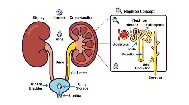 Urinary System Diagram Labeled with Kidney Cross Section and Nephron Concept