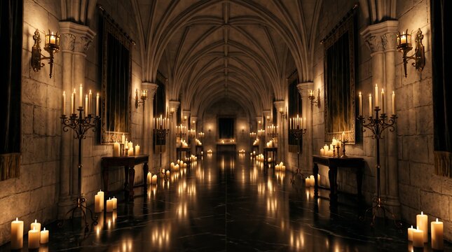 Gothic castle corridor with vaulted ceiling stone walls and flickering candles on marble floor dark.
