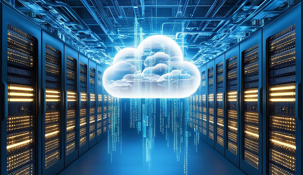 Rows of servers in a data center, representing the concept of cloud computing and data storage solutions.