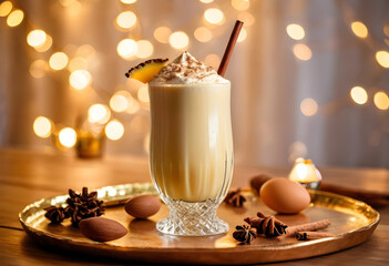 Fototapeta premium Creamy eggnog drink with whipped cream, cinnamon stick, and pineapple garnish on a festive golden tray with spices and eggs