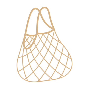 Empty string grocery bag in pastel beige color. Eco friendly reusable mesh shopper as a single design element. Vector illustration isolated on white background.