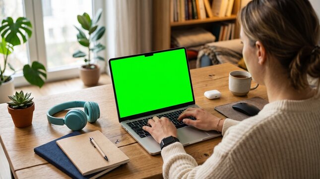 Person Using Laptop with Green Screen Mockup at Modern Home Office Workspace