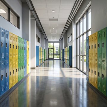 Bright school corridor with rows of colorful lockers and large windows letting in sunlight.