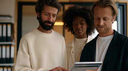 Fototapeta premium A legaltech specialist in a small nonprofit office walks a low income client through a document automation interface on a tablet screen, law reference binders stacked on shelves