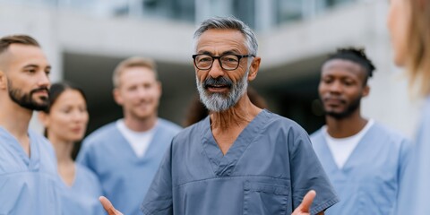Obraz premium Experienced senior doctor with multidisciplinary medical team outside hospital for healthcare banner and leadership training background