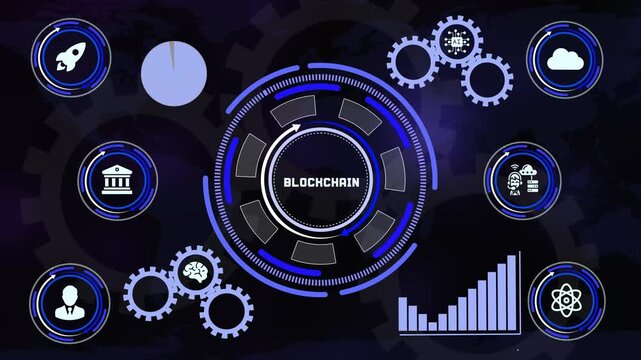 Futuristic HUD digital interface featuring blockchain word surrounded by cyber security and technology icons on dark backdrop.