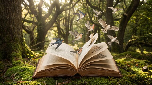 Magical open book releasing colorful birds into a sunlit forest scene with pages