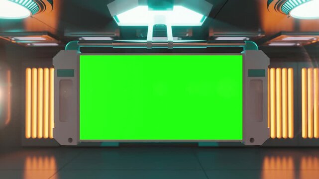 Futuristic control console features a large green screen monitor set within a high-tech sci-fi interior environment.