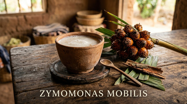 Traditional fermentation process with zymomonas mobilis in rustic setting featuring clay bowl and natural ingredients