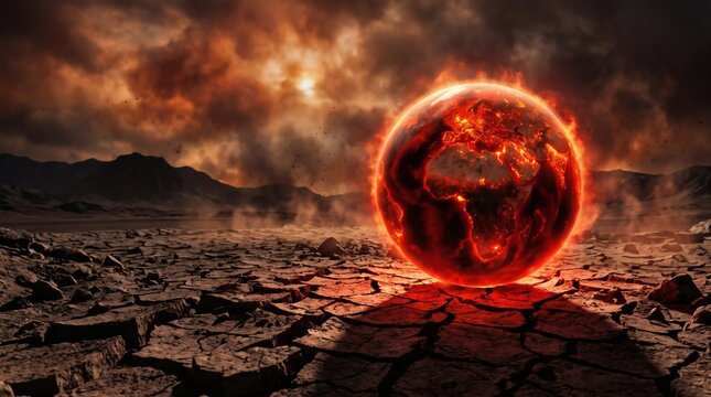 Fiery Earth on a Desolate Landscape Under a Stormy Sky.