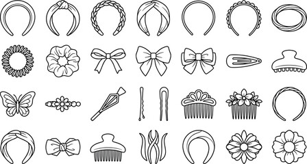  Women Hair Accessories and Salon Styling Tools Icon Set with Headbands Scrunchies Bows Clips Pins and Combs Line Art VectorWomen Hair Accessories and Salon Styling Tools Icon Set with Headbands Scrun © MDJAHIDUL