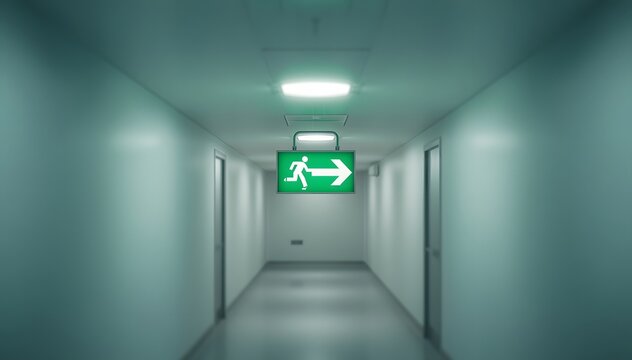 Green emergency exit sign in a dark hallway. Glowing fire escape sign in empty corridor.