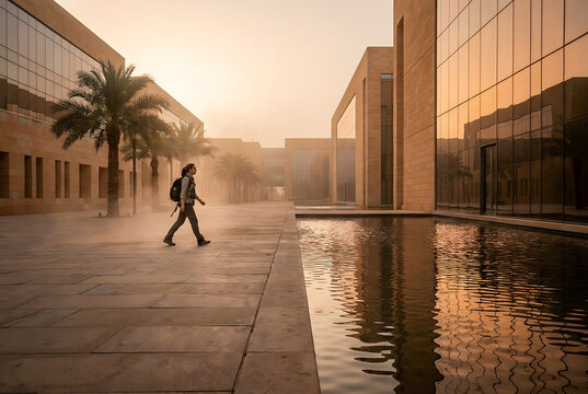 Mujer caminando con mochila por un moderno complejo arquitect&oacute;nico al atardecer con palmeras y reflejos en el agua