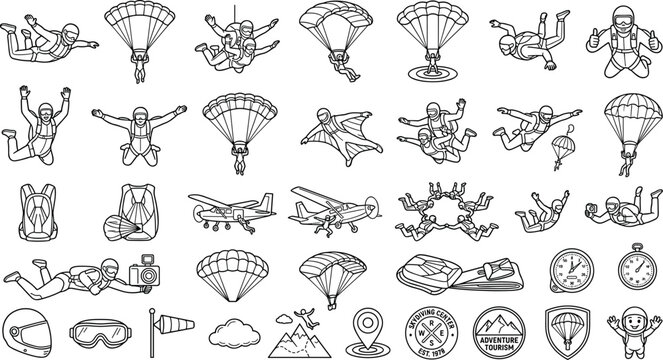 Skydiving and Extreme Parachuting Adventure Icon Set with Skydivers Tandem Jumps Wingsuit Flying Aircraft and Extreme Sports Line Art VectorSkydiving and Extreme Parachuting Adventure Icon Set with Sk