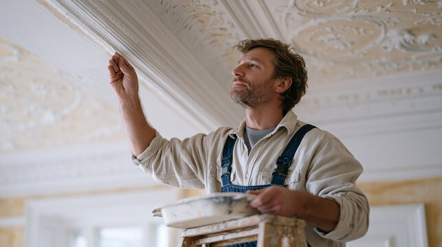 house painter on a tall interior ladder carefully cutting in along crown molding in a Victorian era room, paint tray balanced on the step, ornate ceiling detail above, historic