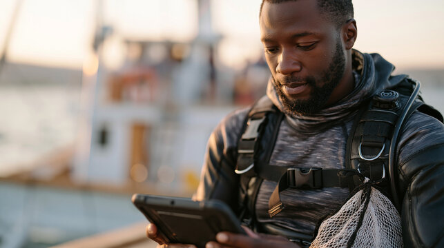 Kenyan marine biologist in wetsuit on reef survey platform reviews underwater transect data on waterproof tablet, mesh collection bag clipped to BCD, research vessel deck blurred