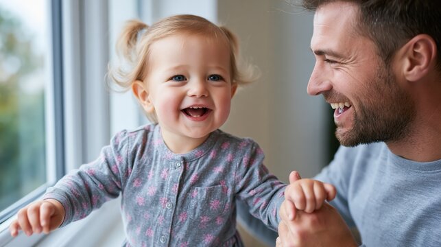 Father joyfully encourages his baby daughter to take her first steps near a window