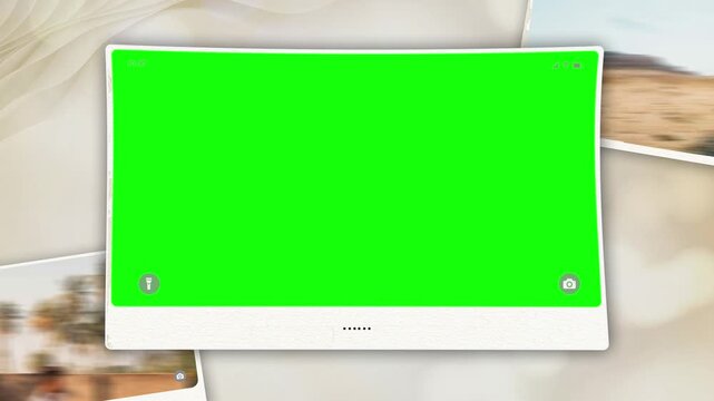 Digital photo frame displays a green screen overlay surrounded by blurred gallery images on a soft neutral background.