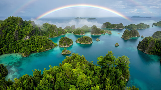 A breathtaking aerial drone photograph of the Piaynemo archipelago in Raja Ampat immediately after a tropical rain shower