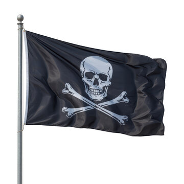 Black flag with white skull and crossbones pirate symbol waving in wind isolated on transparent background