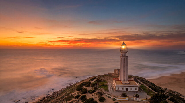 Hermoso atardecer en el faro de Trafalgar, Espa&ntilde;a