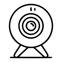Hand-drawn minimalist vector illustration of circular webcam device with stand and lens clean black outline scalable icon perfect for technology communication and office themed design projects and © Dadullah