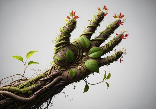 Arm and hand formed by vines with red leaves.