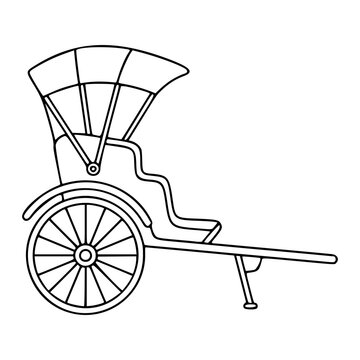 Hand drawn minimalist vector icon illustration of traditional rickshaw cart with detailed wheels and canopy in clean line outline style for scalable travel and transport graphic design projects