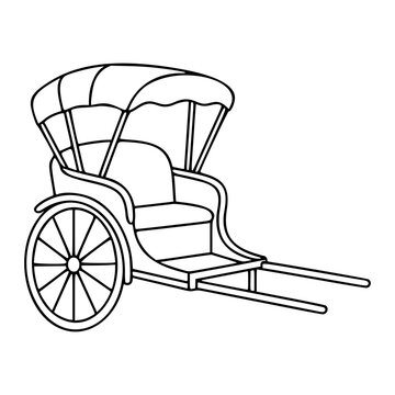 Hand-drawn minimalist vector illustration of traditional Asian rickshaw cart with canopy seat and spoked wheel clean black outline scalable icon perfect for travel transport and culture themed design