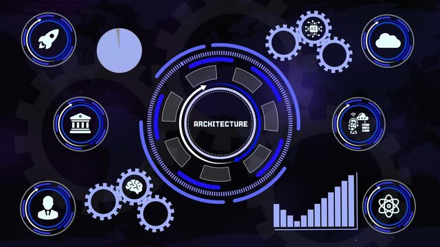 Futuristic interface visualizing digital network architecture with data elements and gear mechanisms