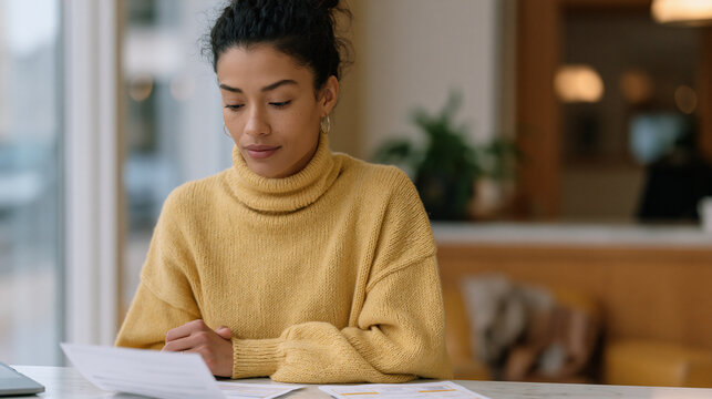 mortgage applicant sitting alone at a bank branch desk staring at a printed rate sheet, hands clasped tightly, sparse waiting area visible behind, financial stress, interest rate