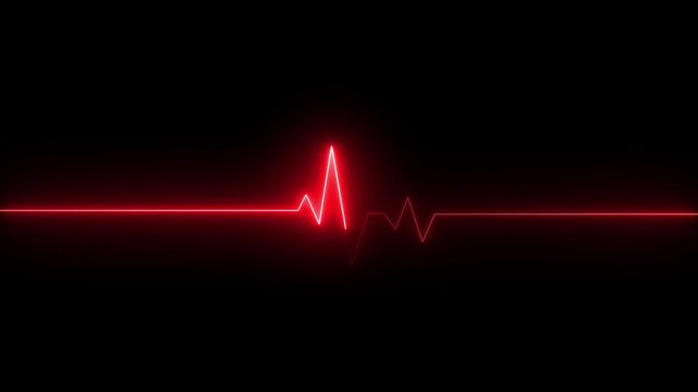 Neon glowing heartbeat and monitor animation, red and white heart beat line animation on black background, ECG neon electrocardiogram pulse 4k animation.