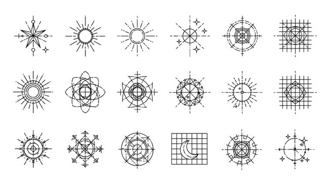 Flat vector design, Signal Graphics collection of technical geometric icons on white background. Industrial black color elements of monospaced stars, diagrammatic sun symbols, technical moon phases