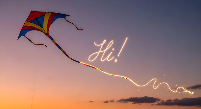 Colorful Kite Flying in Sunset Sky with Handwritten Hi Message