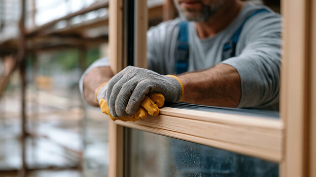 glazier pressing a large glass panel into a wooden frame on a rain soaked construction site, forearms taut with effort, safety gloves gripping the edge, puddles reflecting