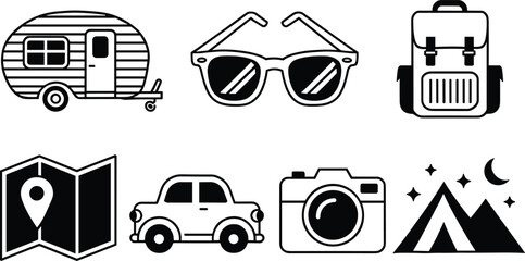 Camping and travel vector icon set with camper trailer sunglasses backpack map car camera and tent elements for outdoor adventure design © NahidArts