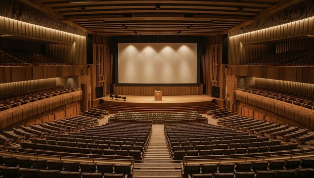Generative AI captures an empty modern cinema auditorium with wooden design