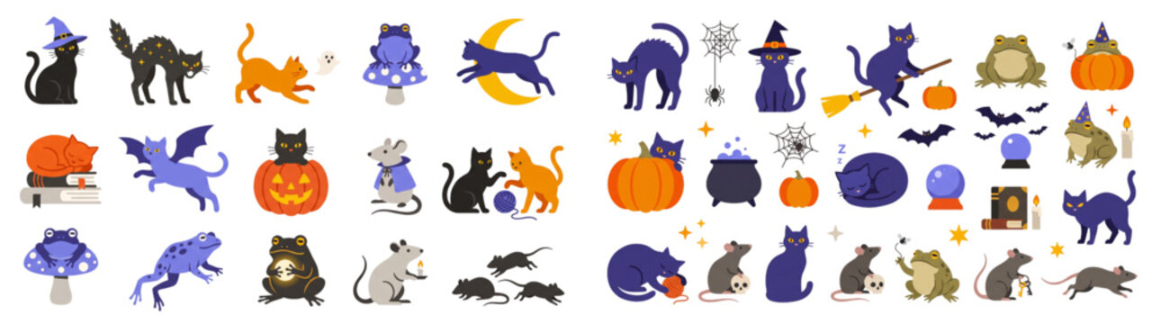 Minimalist Flat Vector Halloween Cat and Familiar Animal Set