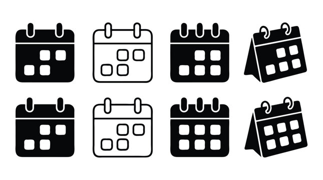 Minimalist calendar icon set, black and white schedule symbols, 8 vector planning elements for business agenda and appointment tracking