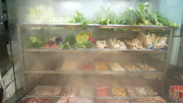 Fresh vegetable and meat display case with cooling steam in restaurant market setting