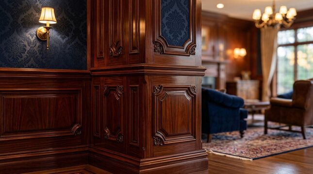 Exquisite architectural detail highlights rich polished mahogany wooden wainscoting paired with elegant deep navy blue damask wallpaper.