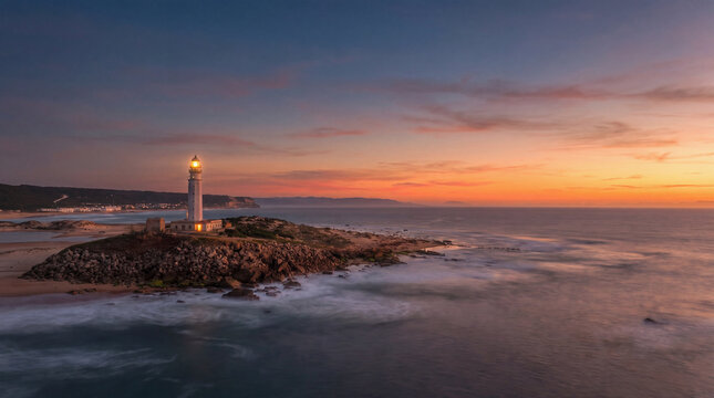 Hermoso amanecer en el faro de Trafalgar, Espa&ntilde;a