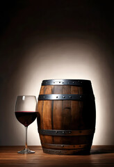 Obraz premium Red wine glass and wooden barrel on a rustic table, winery and cellar concept, beverage and alcohol industry