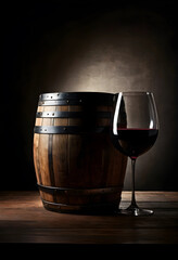 Obraz premium Red wine glass and wooden barrel on a dark background, winemaking and aging process, beverage and alcohol industry