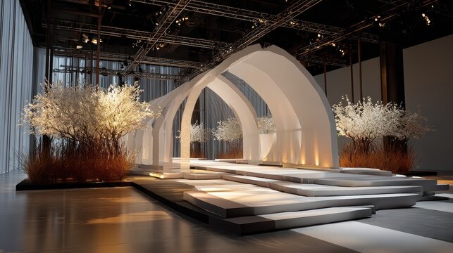 Modern minimalist wedding aisle with white floral trees during elegant event setup